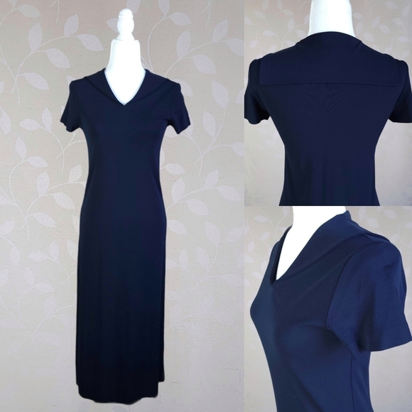 Vintage Y2K Nautical Sailor Collar Slim Stretch Knit Midi Maxi Dress DKNY Blue - Picture 1 of 14